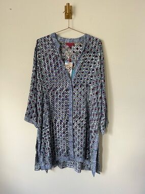 Nila Rubio Light Blue Printed artisan boho 100% cotton tunic minidress  L $155